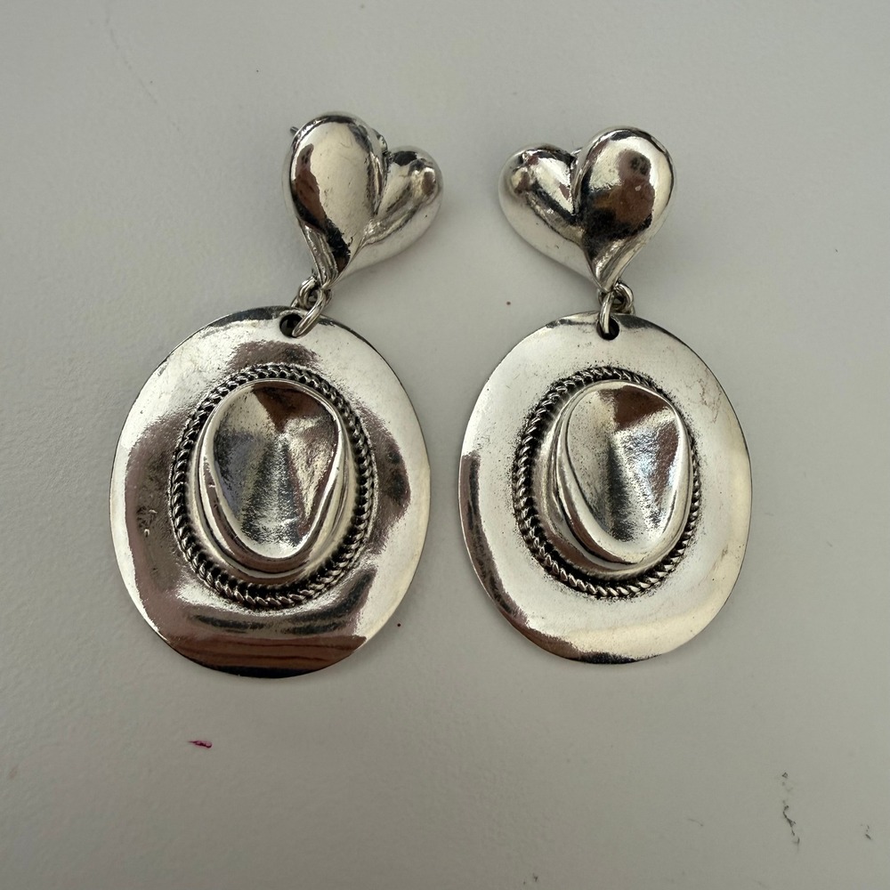 Western Silver Tone Heart Cowboy Hat Drop Earrings Cowgirl Rodeo Statement